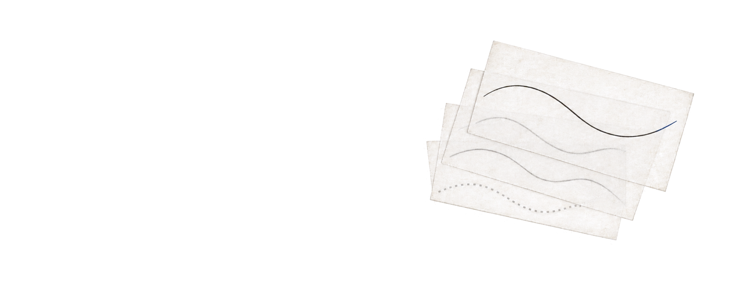 Ink and pencil drawing: four sheets of tracing paper fanned and offset, each with the same gentle curve. The bottom sheet's curve is a row of small square dots, the two middle sheets carry fainter pencil attempts that differ from each other, and the top sheet has a crisp black ink line whose last short stretch is blue. The earlier drafts show faintly through the paper beneath the current one.