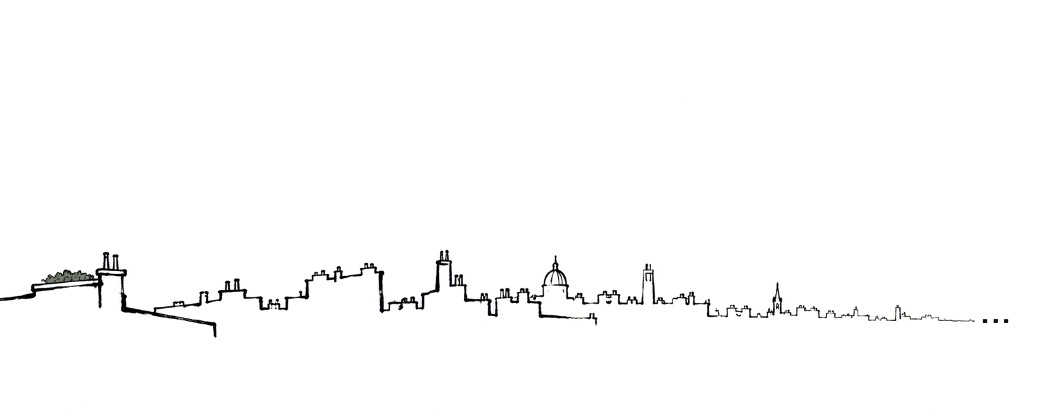Ink drawing on ivory paper: a single line traces one rooftop with a small tuft of green, then continues as a city skyline that grows fainter and ends in three dots.