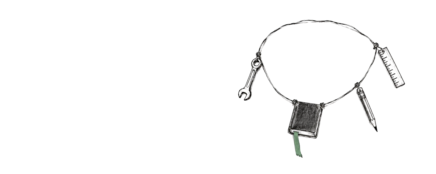 Ink drawing: a closed loop of string lying on paper like a necklace. A spanner, a ruler and a pencil hang from it on knots, and a small closed notebook is threaded on the same loop, its ribbon bookmark grey-green.