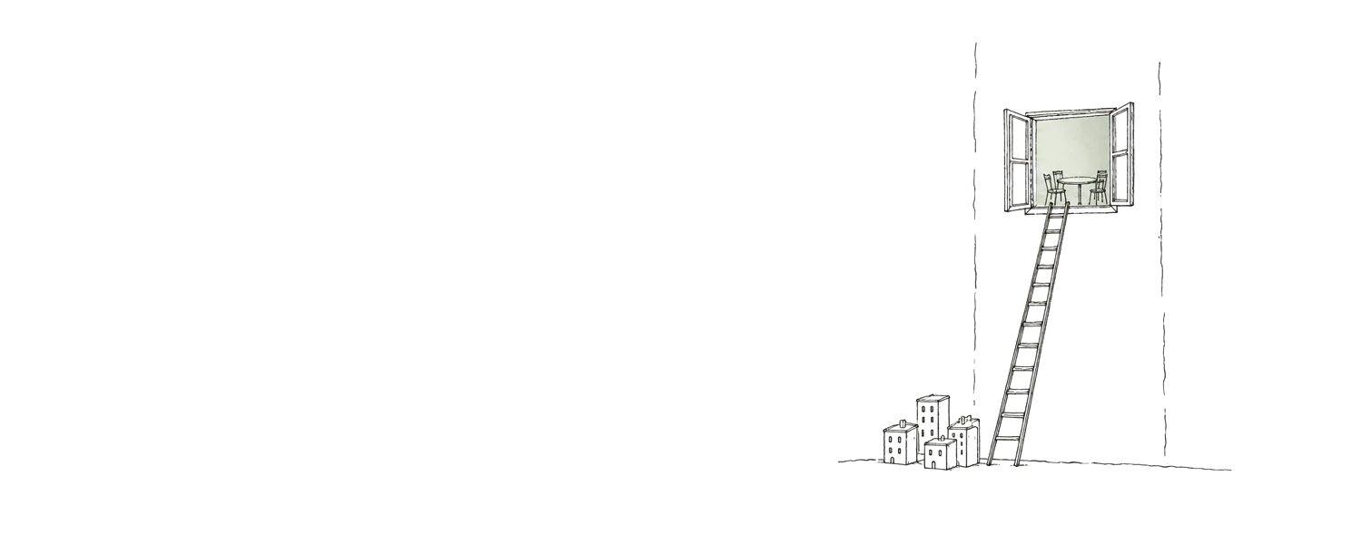 Ink drawing: a wooden ladder rises from a tiny model of city blocks on the ground to an open window high on a plain wall. Through the window, a round table with empty chairs sits in soft grey-green light.