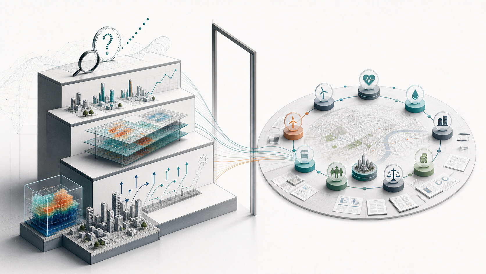 From the simulation ladder, through a boundary, into a civic room: model evidence climbs a stepped ladder from a block of city buildings to a magnifying glass and a question mark, passes through an open doorway, and joins a round table where the climate model is one voice among health, water, energy, finance, legal, transport and community.